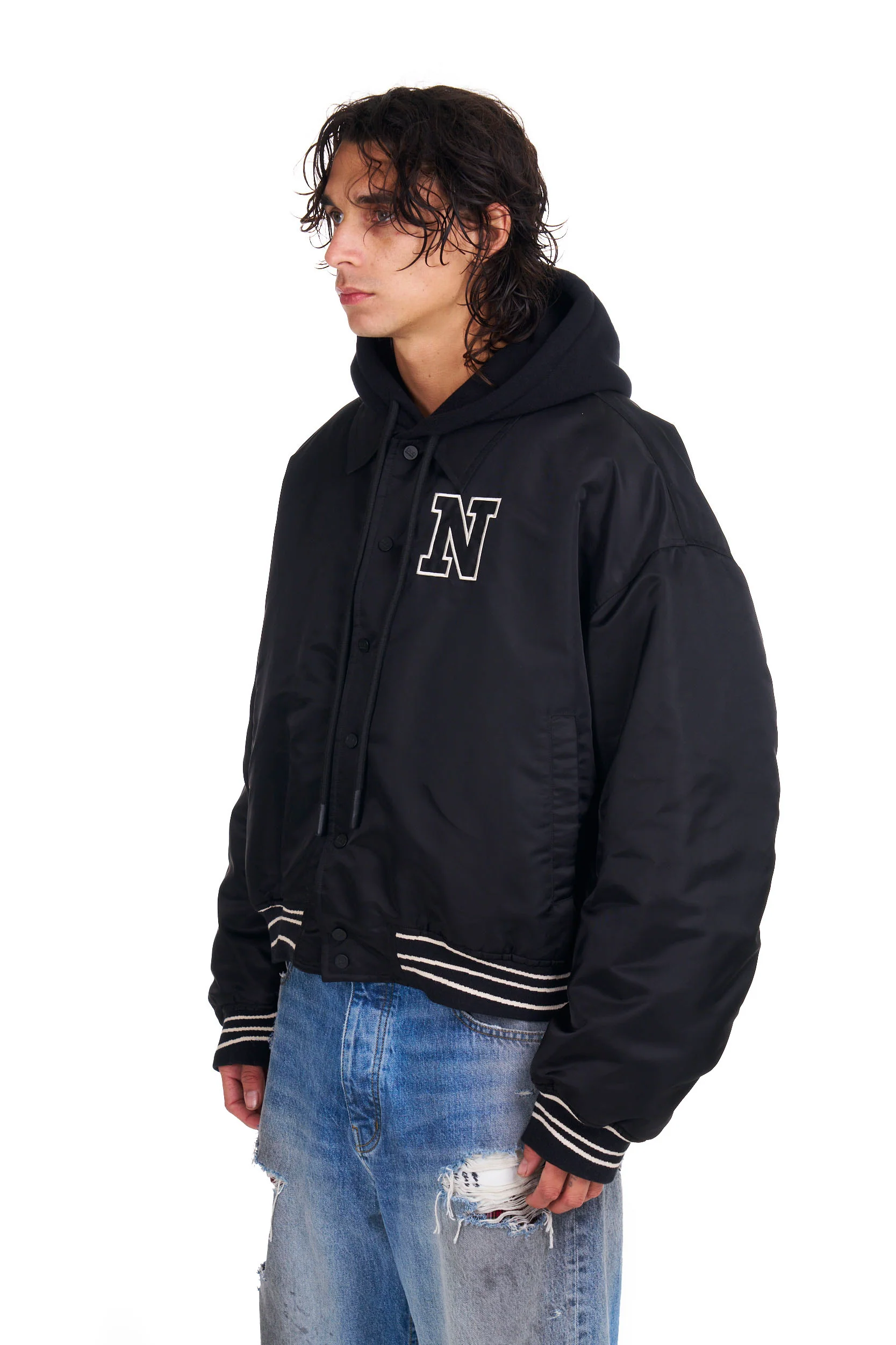 Nylon Hooded Bomber in Black - Image 2