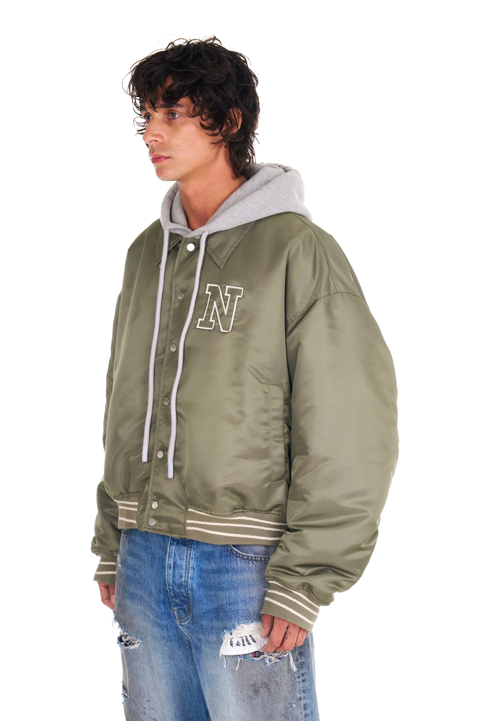 Nylon Hooded Bomber in Army Green - Image 2