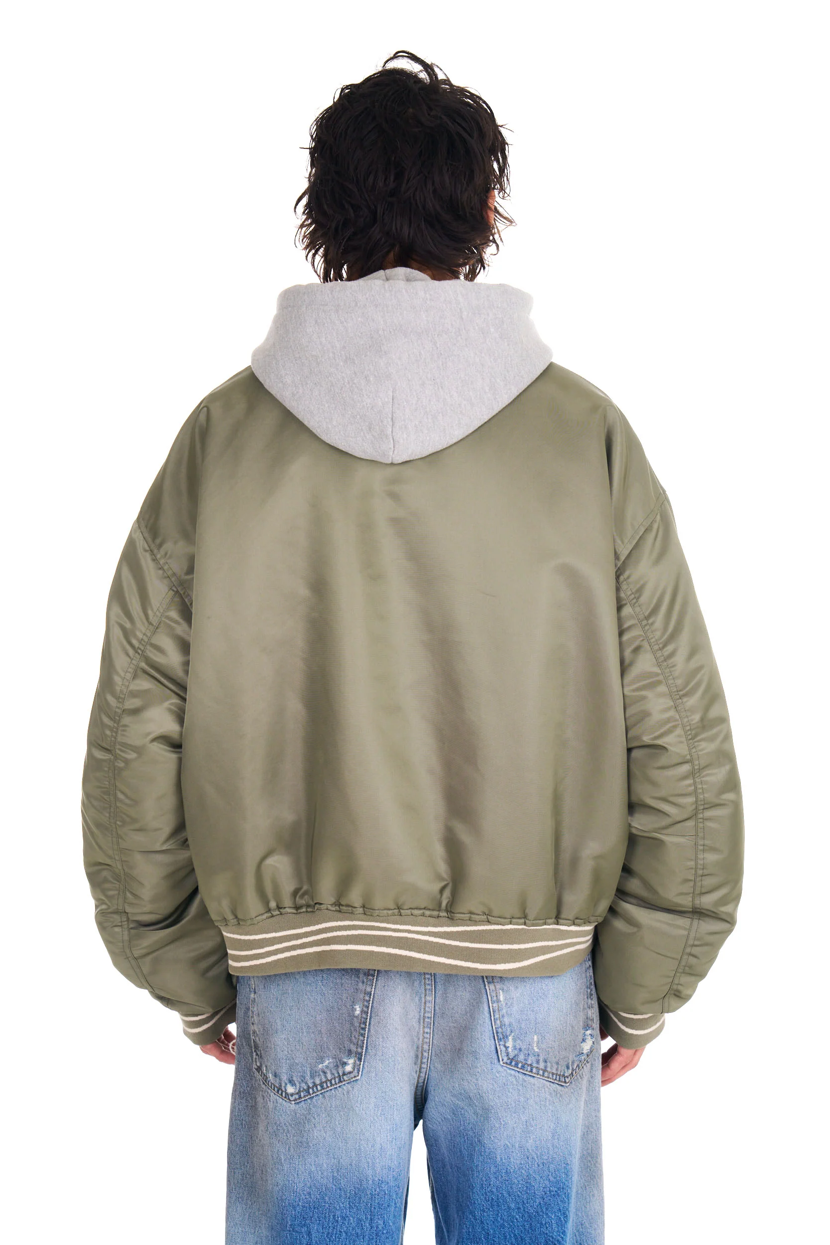 Nylon Hooded Bomber in Army Green - Image 3