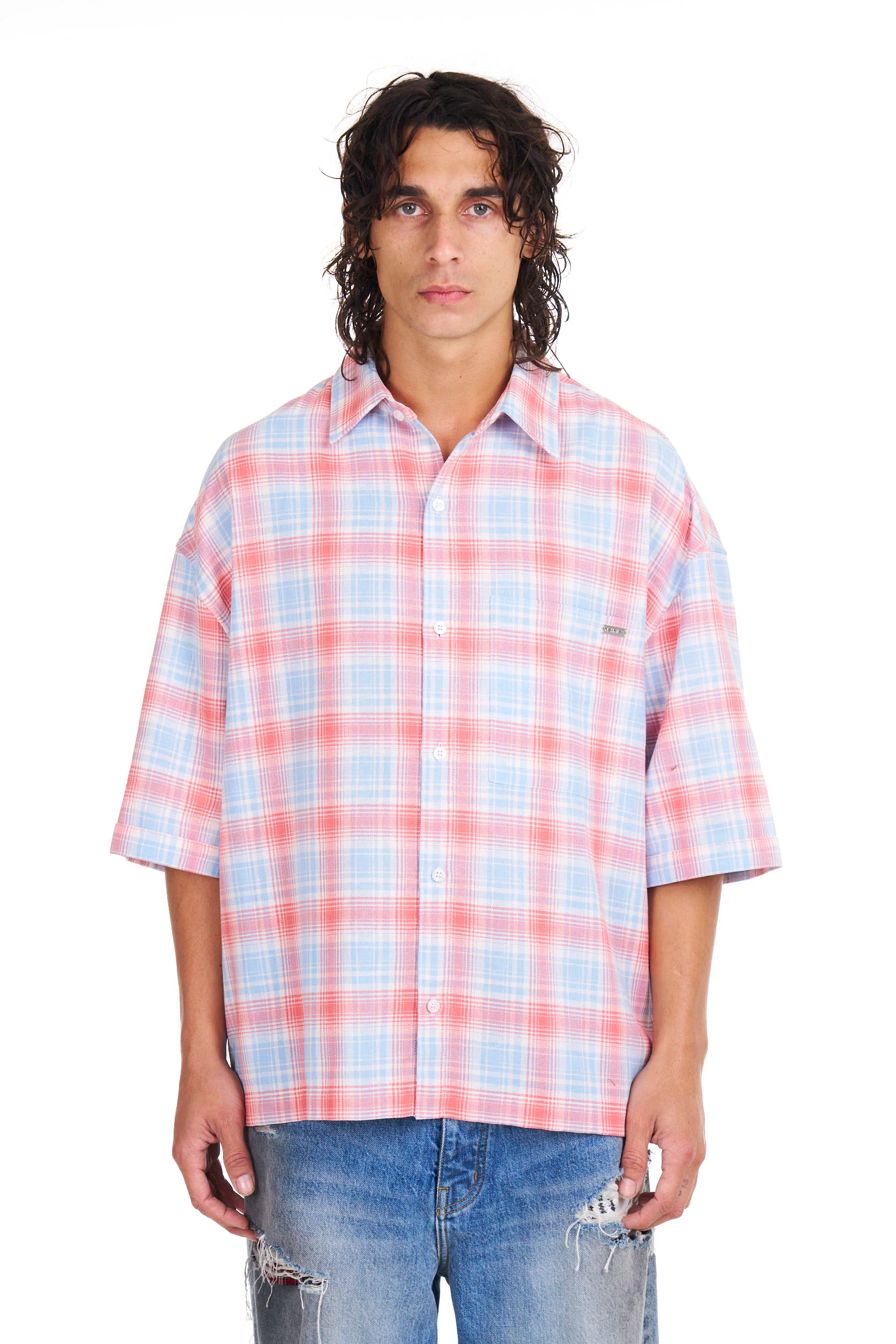 Plaid Cropped S/S Shirt in Cherry Plaid